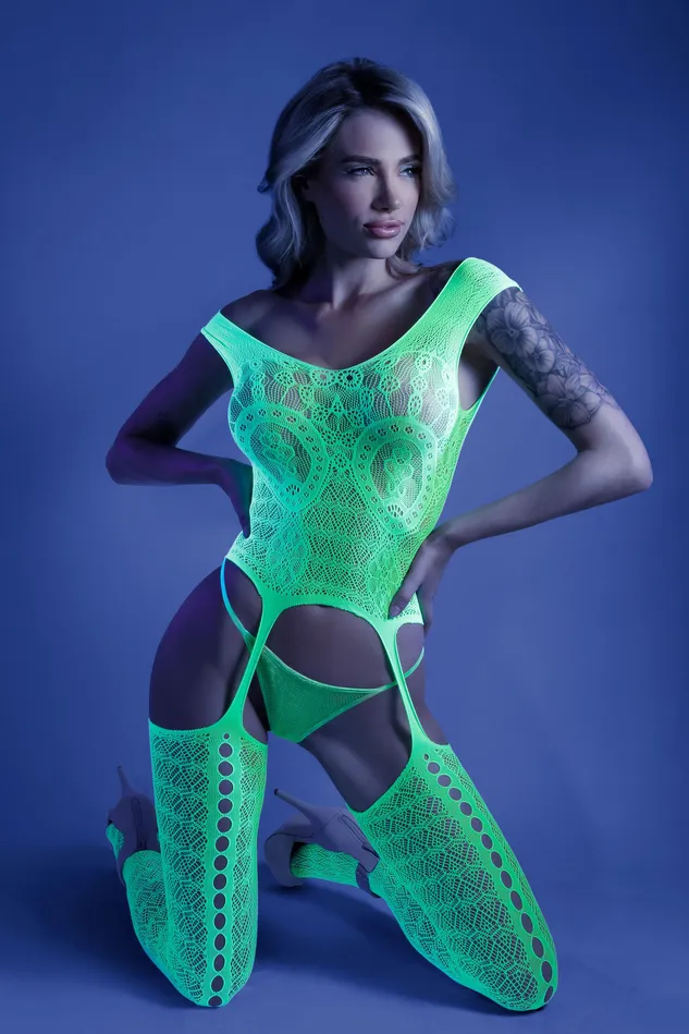 Bodystockings Playsuits Fantasy Lingerie Supersonic Mosaic Bodystocking One Size Neon Green