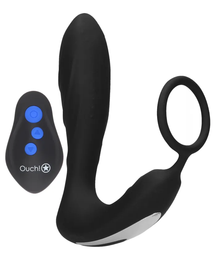 EStimulation and Vibration Butt Plug With Cock Ring and Wireless Remote Control Black Shots Ouch Male Sex Toys