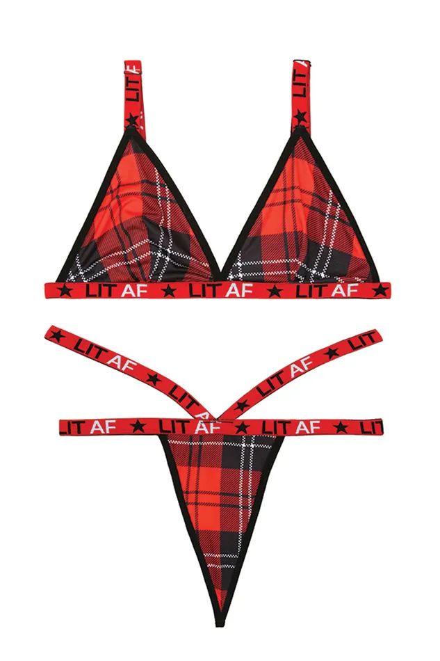 Fantasy Lingerie Anal Lit Af Bralette and Thong Set Red Plaid Sm