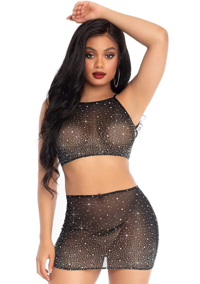 Leg Avenue Anal 2 Pc Rhinestone Crop Top and Mini Skirt Black Medium