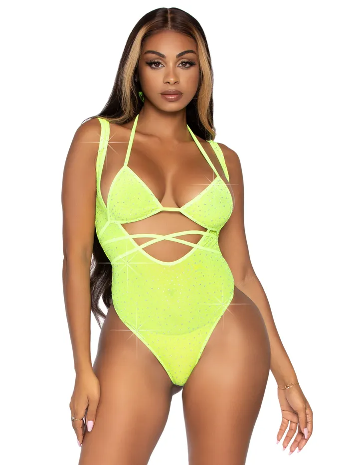 Leg Avenue Teddies And Bodies 2 Pc Rhinestone Wrap Around Bikini Top and Suspender Body Suit One Size Neon Yellow