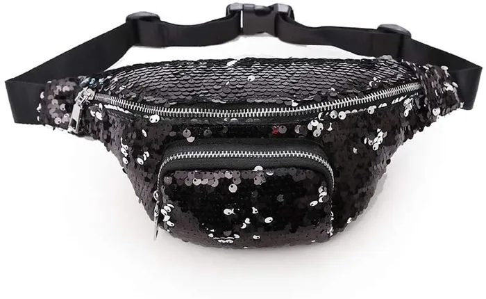 Sparkling Silver to Black Flip Sequin Waist Fanny Pack with an Adjustable Strap Perfectly Incorrect Anal