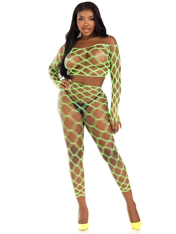 Teddies And Bodies 2 Pc Net Crop Top and Footless Tights One Size Neon Green Leg Avenue