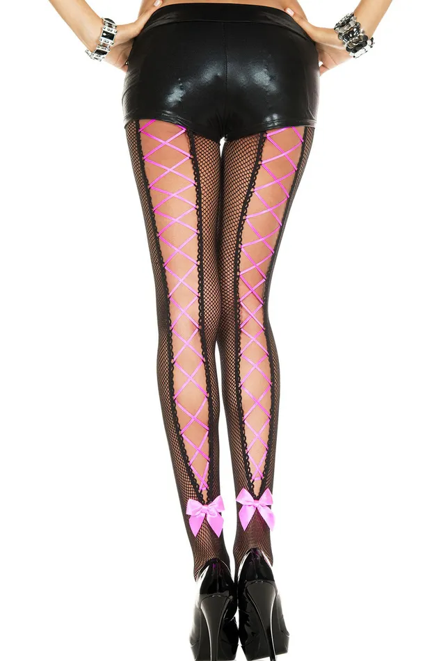 Teddies And Bodies Music Legs Lace Up Corset Back Fishnet Pantyhose With Satin Bow One Size