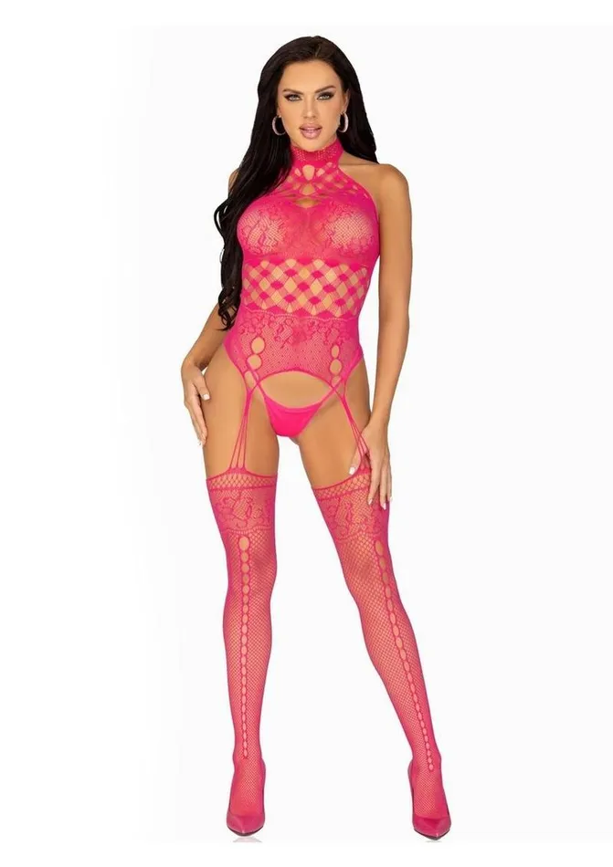 Bodystockings & Playsuits | Leg Avenue High Neck Halter Hardcore Net and Lace Suspender Bodystocking - Leg Avenue